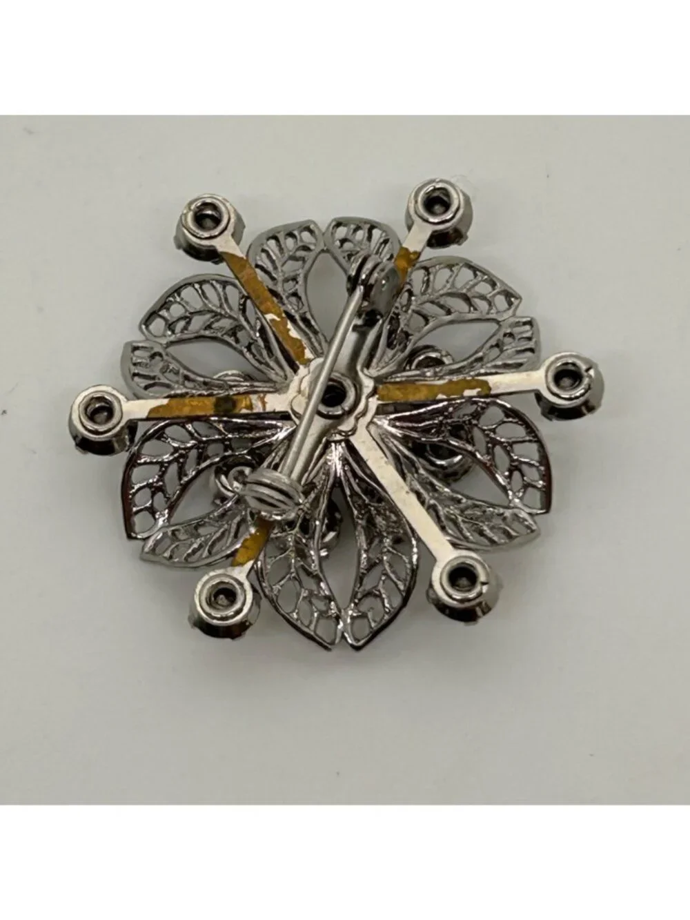 Vintage Silver Tone Rhinestone Brooch Pin Clear Crystal Floral Filigree Mid Cent